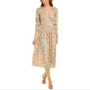 Ba&sh maya beige floral print square neck 3/4 sleeve button down midi dress